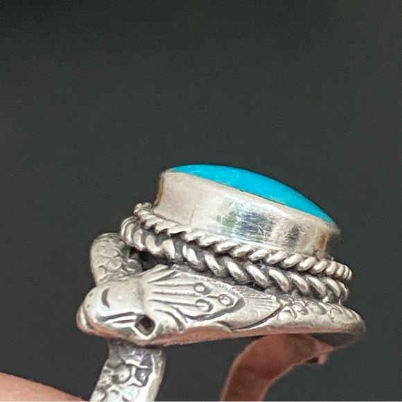 Vintage 925 Sterling Silver Turquoise Double Head Snake Southwestern Ring Size 9 - Picture 8 of 16